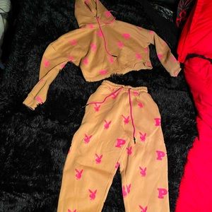 Playboy x Missguided pink and tan sweatsuit